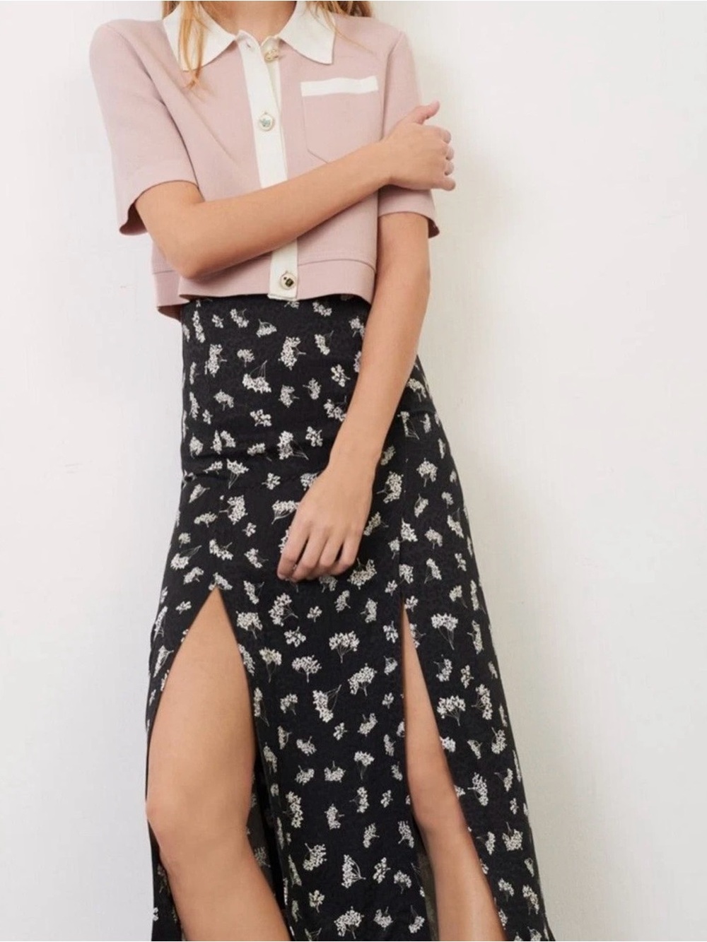 Maje Black Floral Split Maxi Skirt